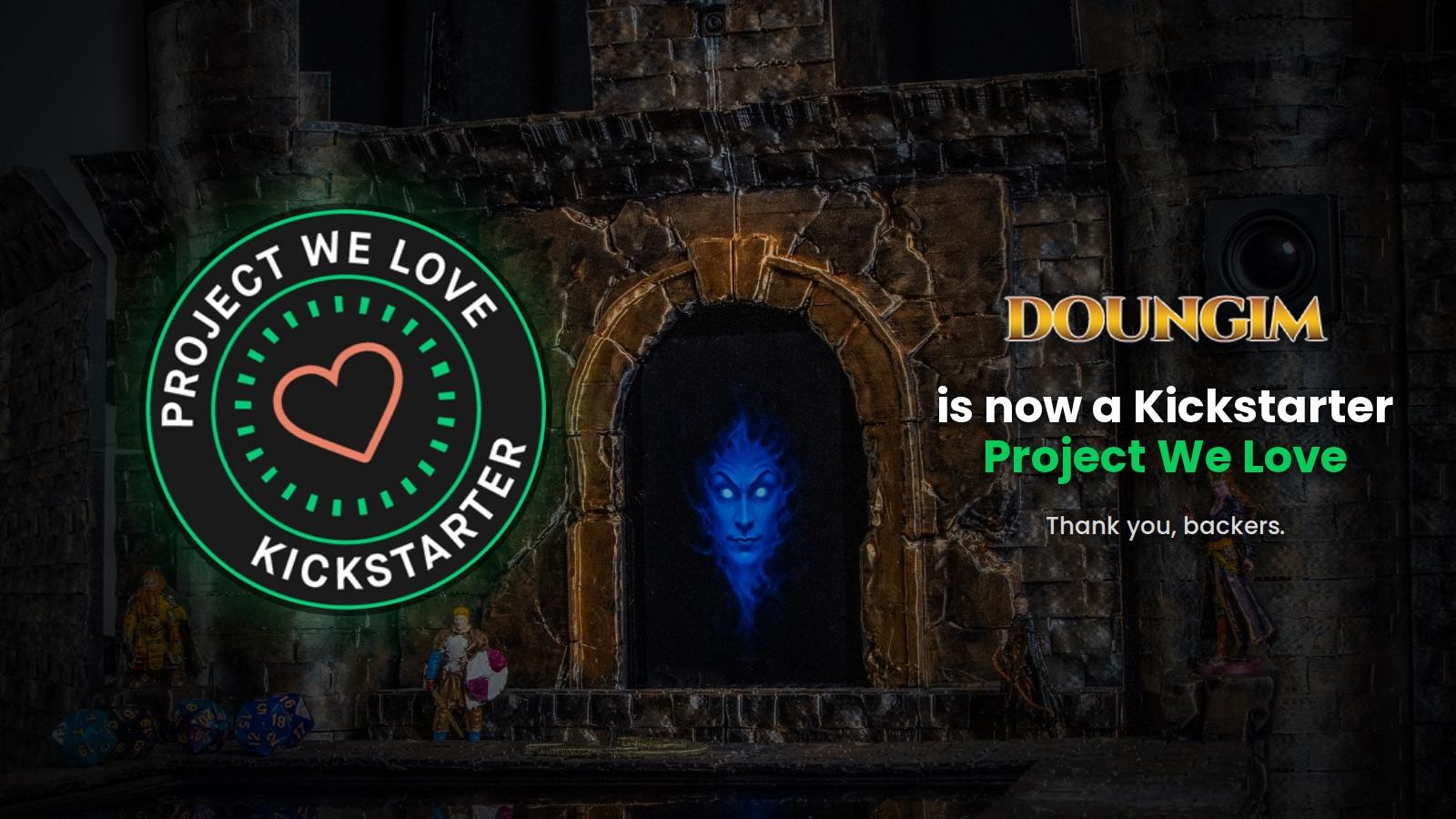 Doungim is now a Kickstarter Project We Love: the badge beside the Doungim castle gate with miniatures and dice