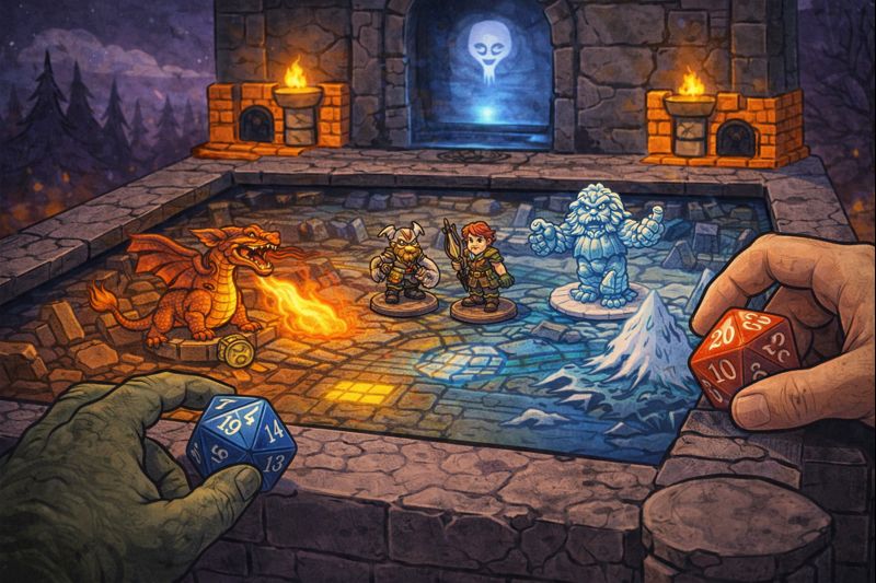 Physical dice and miniatures at the table